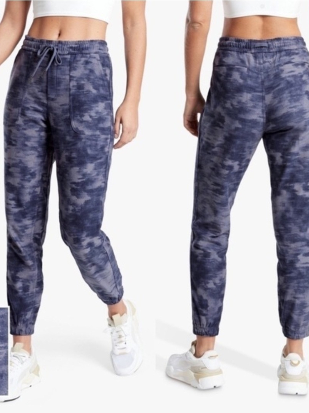 Athleta Farallon printed joggers in a purple and navy inversion tie-dye